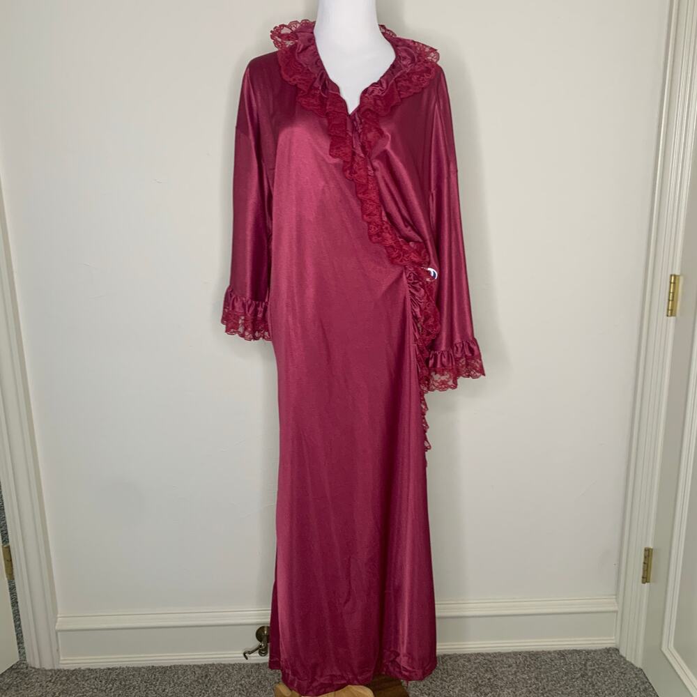 Vintage Peignoir Maroon Lace Trimmed L XL